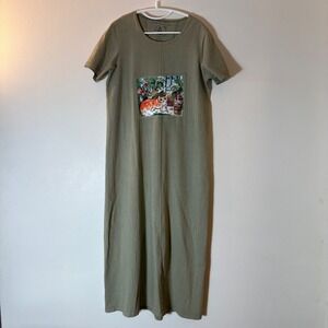 Michael Leu Cat Garden Graphic Maxi Dress Artsy Cottagecore Tee Dress Size Small